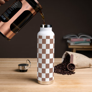 Checker squares mocha brown white geometric retro water bottle