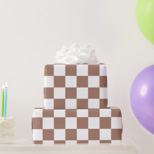 Checker squares mocha brown white geometric retro wrapping paper