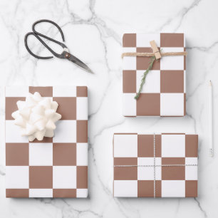 Checker squares mocha brown white geometric retro wrapping paper sheets