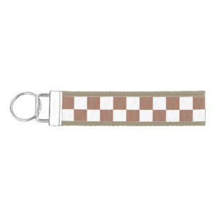 Checker squares mocha brown white geometric retro wrist keychain