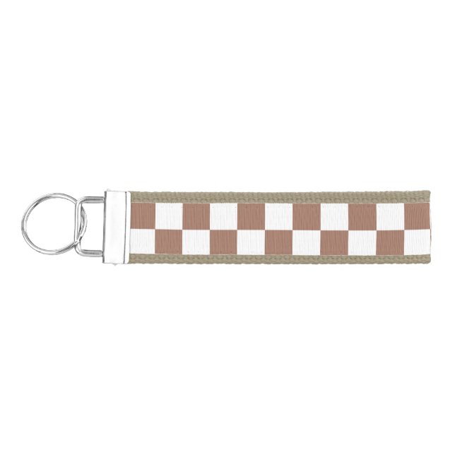 Checker squares mocha brown white geometric retro wrist keychain (Keys on Left)