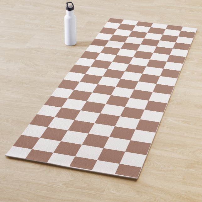Checker squares mocha brown white geometric retro yoga mat (In Situ)