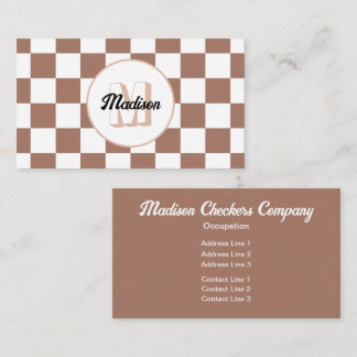Checker squares mocha brown white retro Monogram Business Card