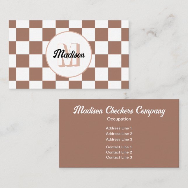 Checker squares mocha brown white retro Monogram Business Card (Front/Back)