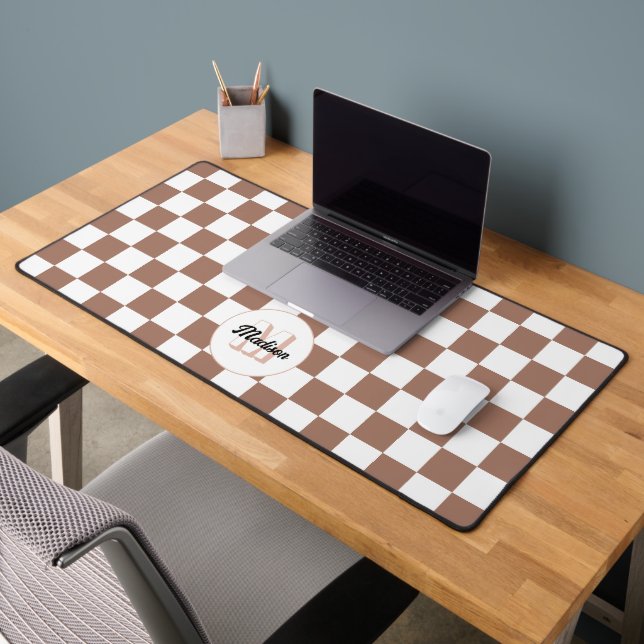 Checker squares mocha brown white retro Monogram Desk Mat (Office 2)