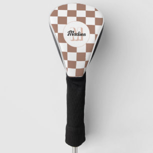 Checker squares mocha brown white retro Monogram Golf Head Cover