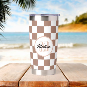 Checker squares mocha brown white retro Monogram Insulated Tumbler
