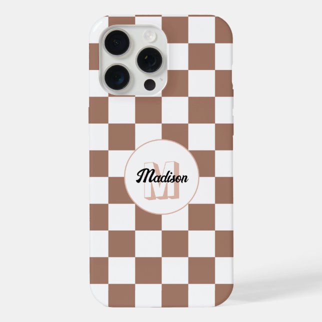 Checker squares mocha brown white retro Monogram iPhone Case (Back)