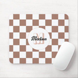 Checker squares mocha brown white retro Monogram Mouse Pad