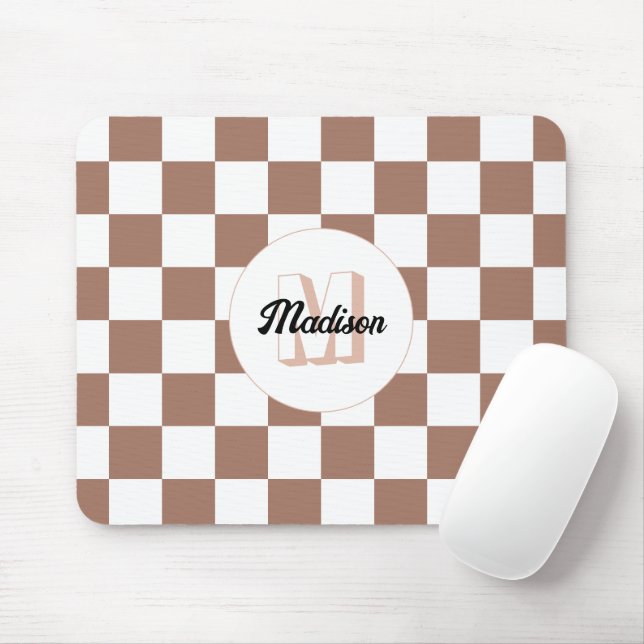 Checker squares mocha brown white retro Monogram Mouse Pad (With Mouse)