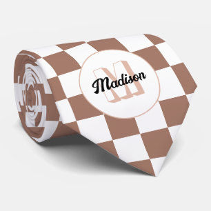 Checker squares mocha brown white retro Monogram Neck Tie