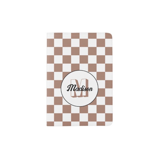 Checker squares mocha brown white retro Monogram Passport Holder (Front)
