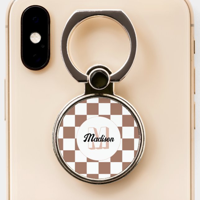 Checker squares mocha brown white retro Monogram Phone Ring Stand (Close Up)