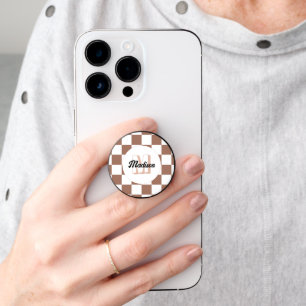 Checker squares mocha brown white retro Monogram PopSocket