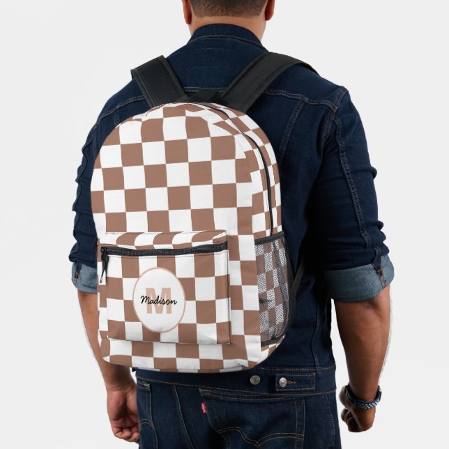 Checker squares mocha brown white retro Monogram Printed Backpack (Insitu (Model))