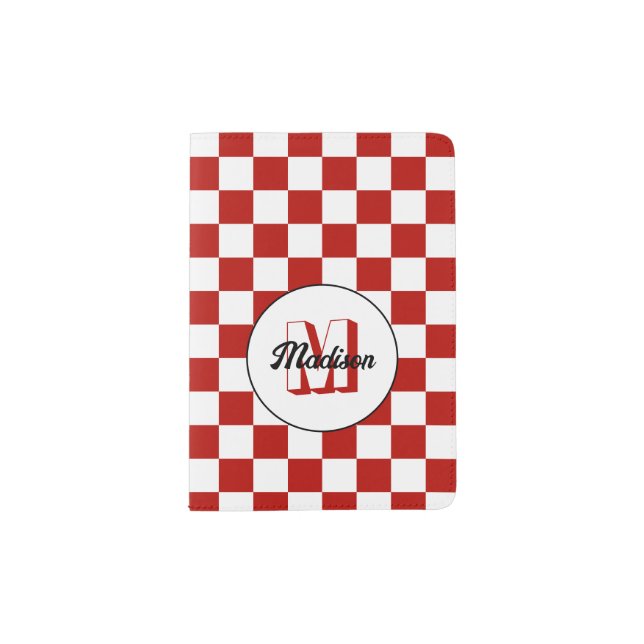 Checker squares red and white retro Monogram Passport Holder (Front)