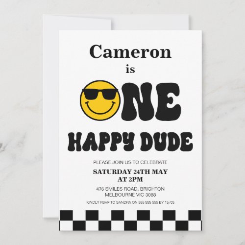 Checkerboard And Face One Happy Dude 1st Birthday Invitation