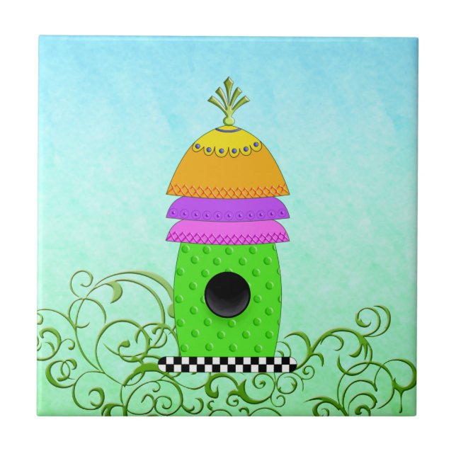 Checkerboard Base Birdhouse Tiles and Trivets (Front)
