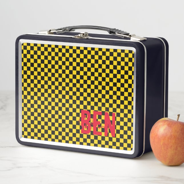 Checkerboard Black Gold School Kids NAME Fun Metal Lunch Box (In Situ)