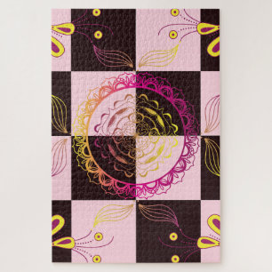 Checkerboard Bloom – Mystical Pink Petal Pattern Jigsaw Puzzle