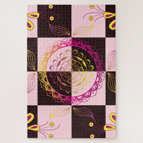 Checkerboard Bloom – Mystical Pink Petal Pattern Jigsaw Puzzle
