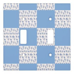 Checkerboard Blue and White Flower Pattern Accent Light Switch Cover