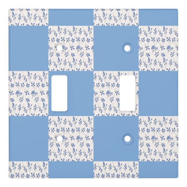 Checkerboard Blue and White Flower Pattern Accent  Light Switch Cover (Front)