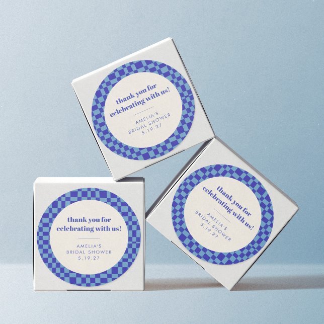 Checkerboard Blue Custom Bridal Shower Thank You Classic Round Sticker (Creator Uploaded)