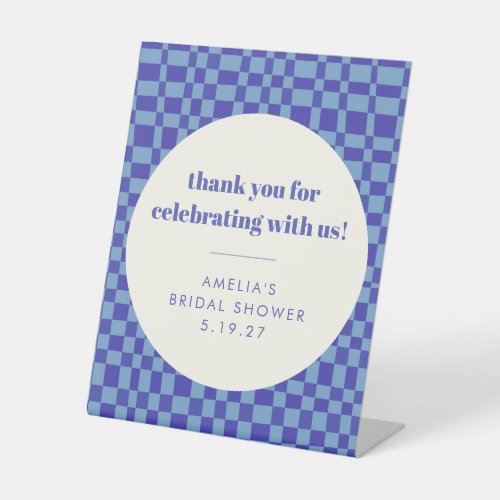 Checkerboard Blue Custom Bridal Shower Thank You Pedestal Sign