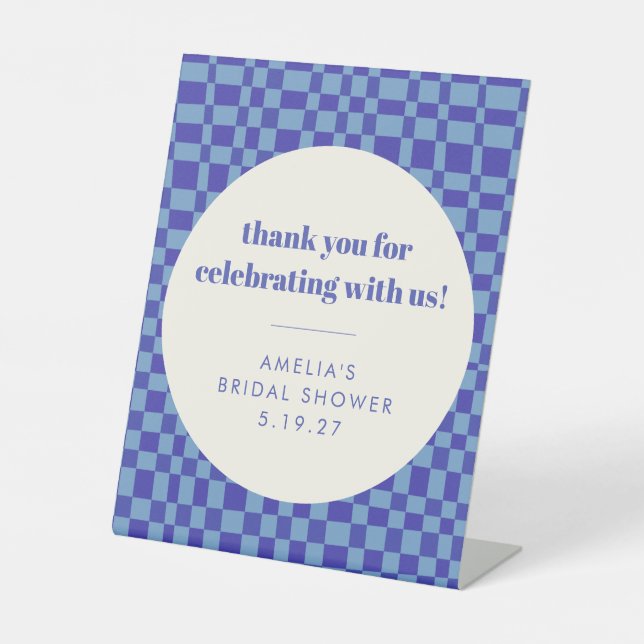 Checkerboard Blue Custom Bridal Shower Thank You Pedestal Sign (Front)
