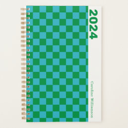 Checkerboard Blue Green Retro Personalized 2023 Planner