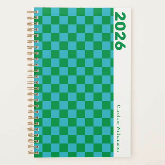 Checkerboard Blue Green Retro Personalized 2025 Planner (Front)