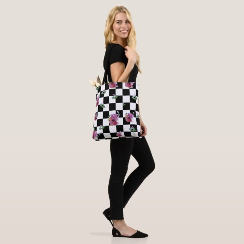 Checkerboard  Camellia Flowers Shoulder Tote