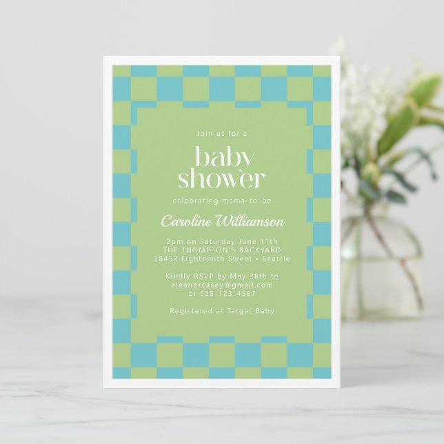 Checkerboard Checkered Blue Green Baby Shower Invitation (Standing Front)