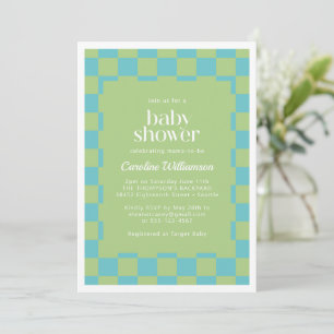 Checkerboard Checkered Blue Green Baby Shower Invitation