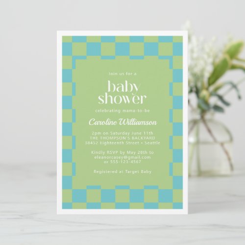 Checkerboard Checkered Blue Green Baby Shower Invitation