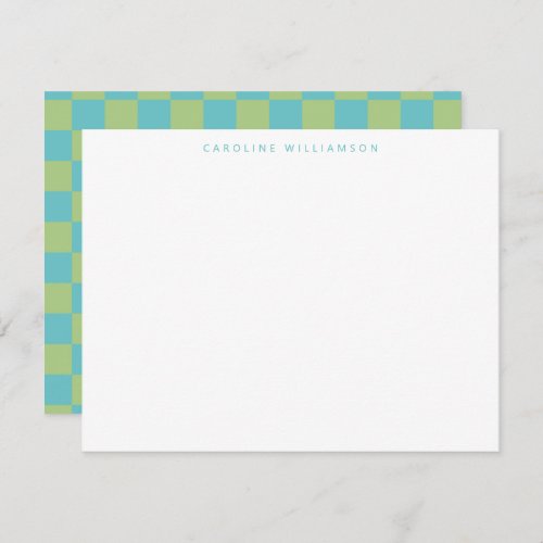 Checkerboard Checkered Blue Green Personalized  Note Card