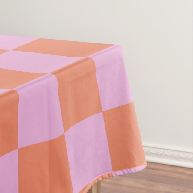 Checkerboard Checkered Pattern Coral Pastel Pink Tablecloth (In Situ)