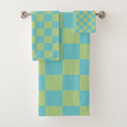 Checkerboard Checkered Pattern in Blue and Green Bath Towel Set