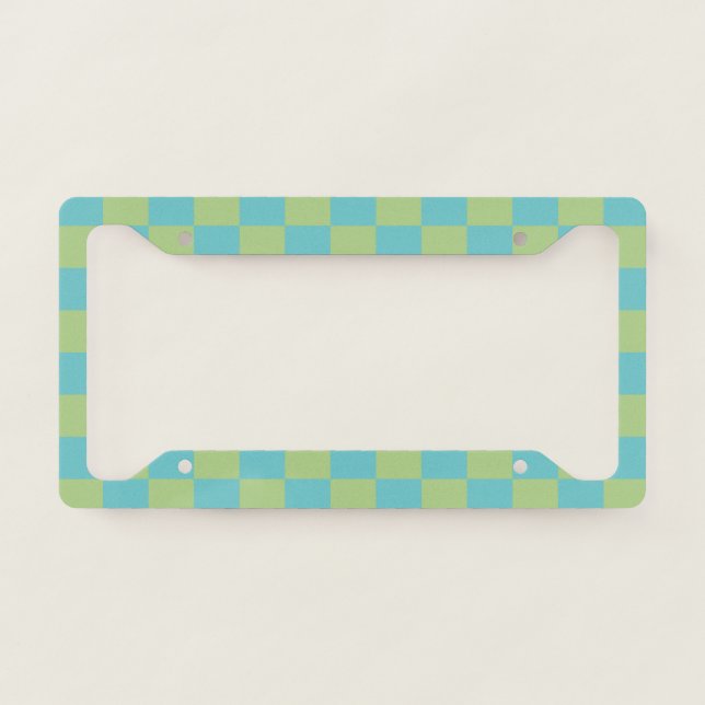 Checkerboard Checkered Pattern in Blue and Green   License Plate Frame (Front)