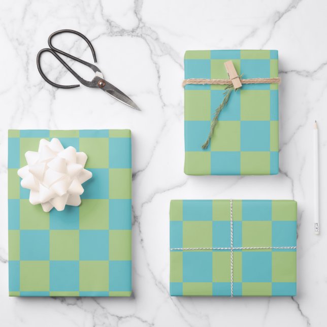 Checkerboard Checkered Pattern in Blue and Green  Wrapping Paper Sheets (Front)