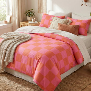Checkerboard Checkered Pattern in Pink and Orange  Duvet Cover