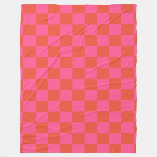 Checkerboard Checkered Pattern in Pink and Orange Fleece Blanket (Front)