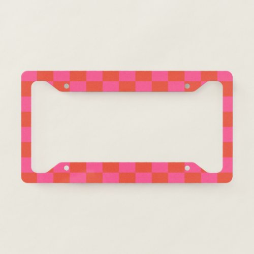 Checkerboard Checkered Pattern in Pink and Orange  License Plate Frame