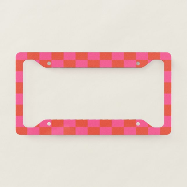 Checkerboard Checkered Pattern in Pink and Orange  License Plate Frame (Front)