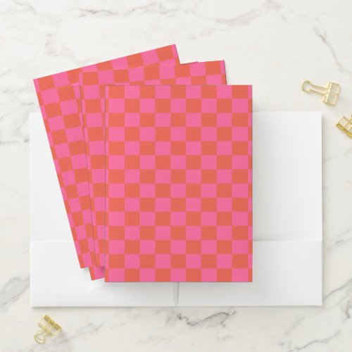 Checkerboard Checkered Pattern in Pink and Orange Pocket Folder