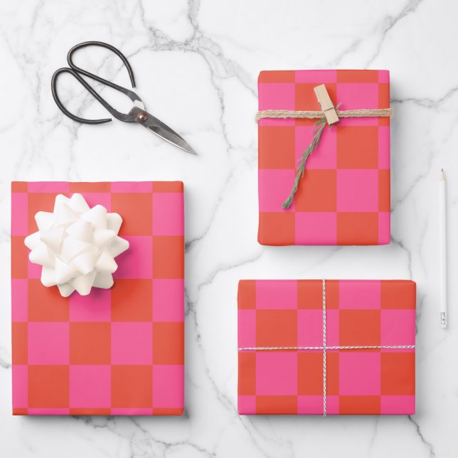 Checkerboard Checkered Pattern in Pink and Orange  Wrapping Paper Sheets (Front)