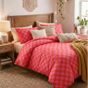 Checkerboard Checkered Pattern Pink Orange Retro Duvet Cover