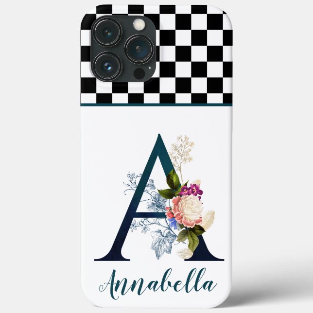 Checkerboard Fancy Floral Monogram Letter A  Case-Mate iPhone Case (Back)