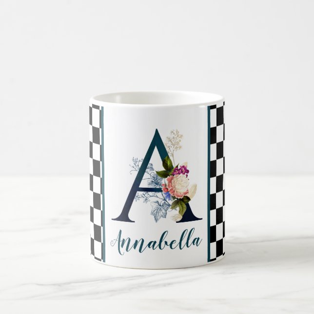 Checkerboard Fancy Floral Monogram Letter A   Coffee Mug (Center)